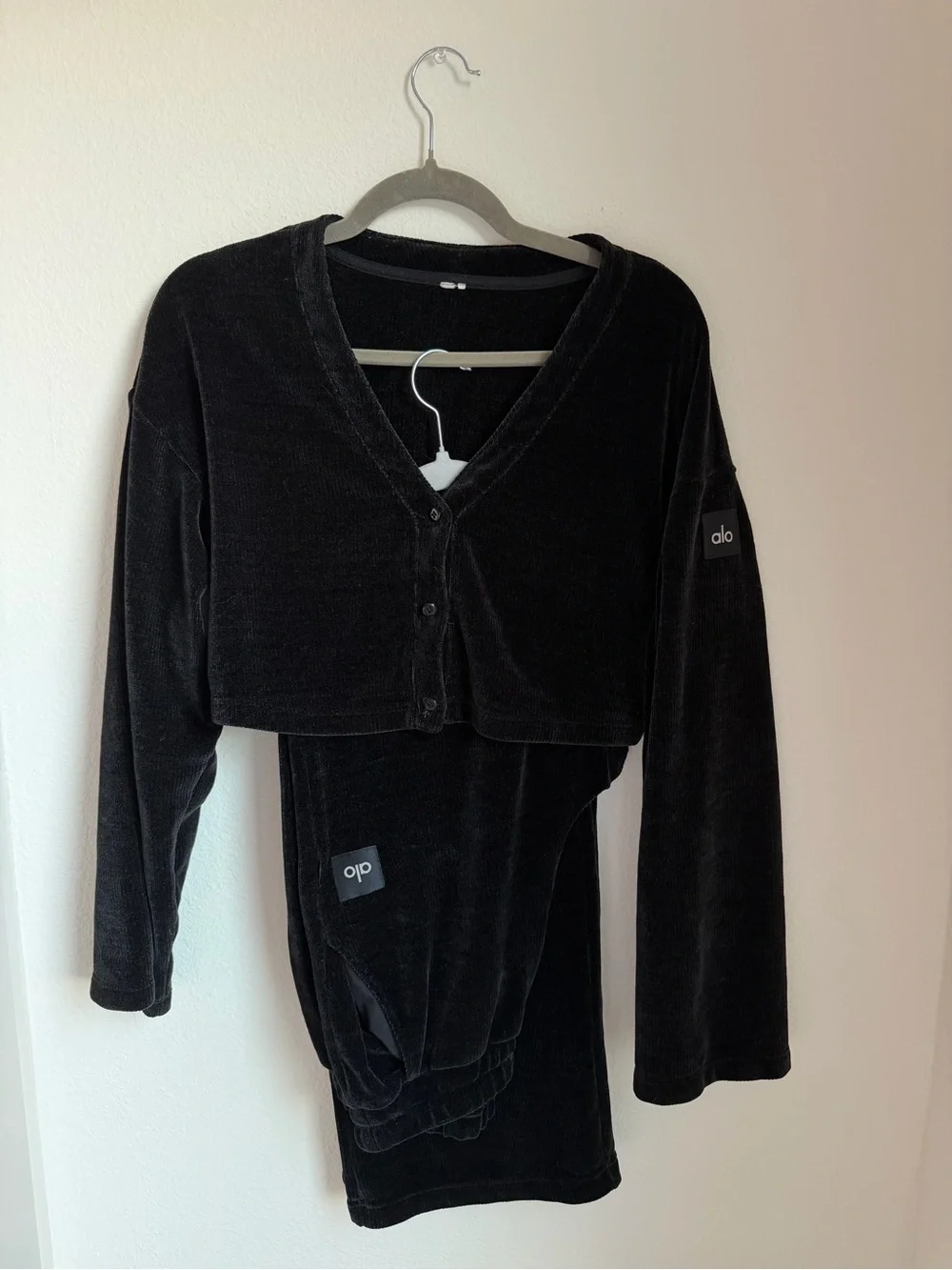 Alo Chenille Chalet Set Black Velour Button-Up Cardigan and Pants